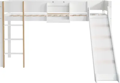 Produktbild von Flieks Etagenbett 90x200cm mit Rutsche, Kinderbett Hochbett mit Rausfallschutz, Stockbett Holzbett mit Lattenrost und Leiter, Weiß