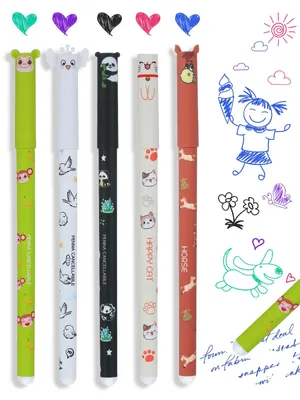 Produktbild von Set mit 5 wiederbeschreibbaren Gelstiften mit Tiermotiven für Kinder