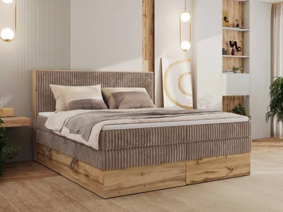 Obrázek produktu pro Kontinentální postel WOOD CLASSIC KING se dvěma úrovněmi matrací Multipocket H3 - 200x200 cm - Manšestr Hnědá - Topper T25
