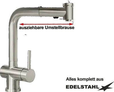 Produktbild von Küchen-Spültischarmatur Einhebelmischer kpl. aus Edelstahl mit ausziehbarer Handbrause