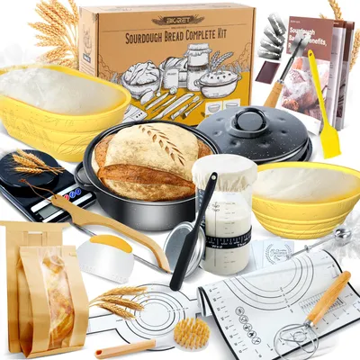 Produktbild von Sauerteig Brotbackset Gärkorb Brotbackform - 10-Zoll ovaler Gärkorb - 9-Zoll runder Silikon-Gärkorb - Emaillierter Brottopf - Mit Sauerteig-Starterset