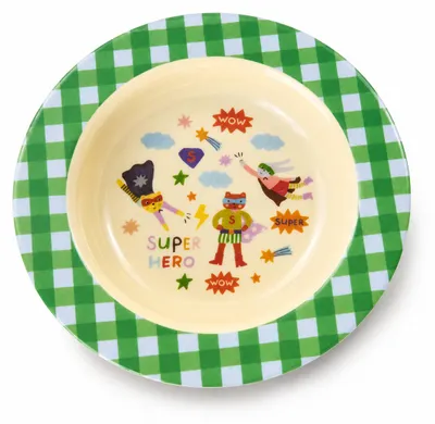 Produktbild von Tiefer Kinderteller Melamin 20cm Grün Vanillegelb Superhelden Motiv, KI-generiertes Bild