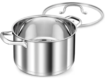 Productafbeelding van Grote kookpan, 7,6 liter, roestvrij staal, geschikt voor inductie, diameter 26 cm, met glazen deksel, drielaags bodem, geschikt voor alle soorten fornuizen