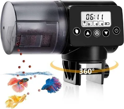 Produktbild von Unyqoos® Automatischer Aquarium-Futterautomat, LCD, 200 ml, 1–4 Mahlzeiten/Tag, 1–3 Portionen, Manuelle Taste, für Flocken/Granulat