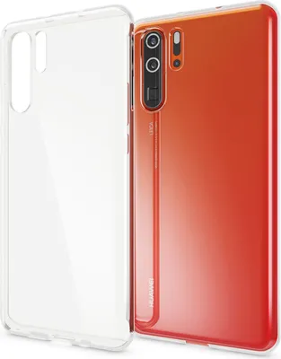 A clear phone case is shown next to a red Huawei P30 Pro phone.