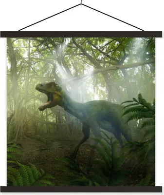 Produktbild von MuchoWow® Textilposter Dinosaurier - Dschungel - Pflanzen 120x120 cm mit schwarzem Rahmen - Aufhängungsset