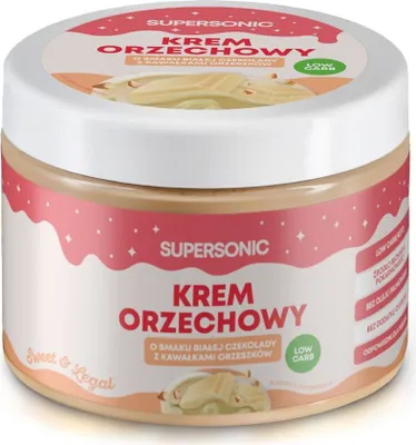 Produktbild von Erdnusscreme mit weißem Schokoladengeschmack und knusprigen Erdnussstückchen, ohne Zuckerzusatz, 250 g - SUPERSONIC