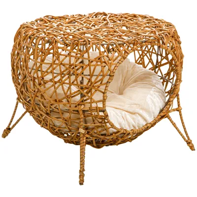 Image de PawHut Panier niche maison pour chat sur pied en rotin avec coussin épais dim. Ø 40 x 32 cm marron clair