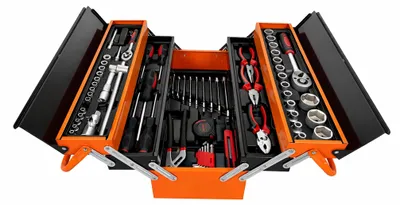 Immagine prodotto di Cassetta portattrezzi completa di 85 utensili, cassetta pieghevole in metallo a 5 scomparti Gebo Tools