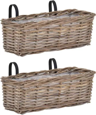 Zdjęcie produktu dla KRINES HOME Zestaw / 2 kosz balkonowy szary balustrada balkonowa kosz na rośliny doniczka naturalny rattan skrzynka balkonowa sadzarka z folią (2, prostokątna duża)