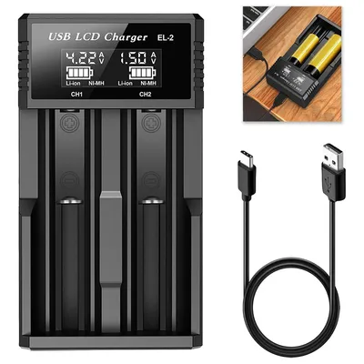 A black battery charger with a digital display and two battery slots, shown with a USB cable and a close-up of batteries in a charger.