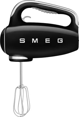 A black SMEG hand mixer with a silver handle and beater attachment, shown against a white background.