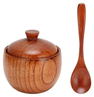 Produktbild von Holz Zuckerdose, Gewürzglas mit Deckel und Löffel, Japanischer Stil, Breite Öffnung für Nüsse, Süßigkeiten, Tee, 15cm Höhe aus Jujube-Holz für Küche, Restaurant und Outdoor