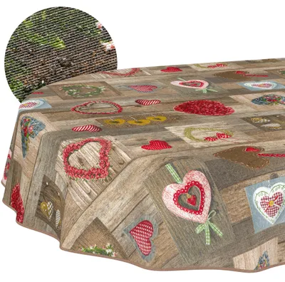 Tischdecke 140x180cm Oval Braun abwaschbar Baumwolloptik Trachtenherzen Braun wetterfest, Hauptbild
