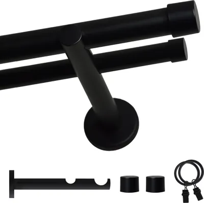 Zdjęcie produktu dla Voppi Karnisz podwójny Loft z żabkami 360 cm czarny 19+19 mm, metalowy karnisz rurkowy, nowoczesny karnisz ścienny
