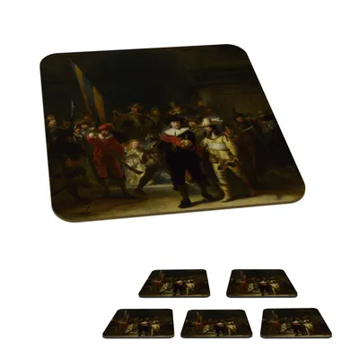 Produktbild von KitchenYeah®  Glasuntersetzer Quadratisch 6er Set Die Nachtwache - Gemälde von Rembrandt van Rijn 10x10 cm Untersetzer für Gläser - Getränkeuntersetzer - Tischplattenschutz - Tischuntersetzer für Tass