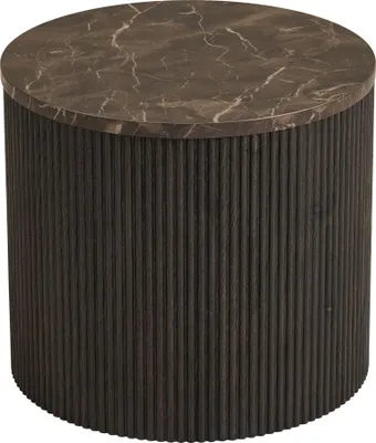 A round side table with a marble top and a fluted wooden base.
