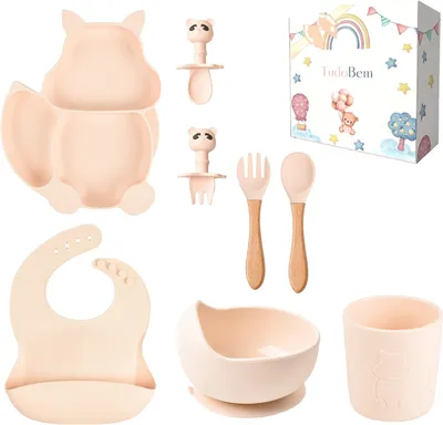 Immagine prodotto di Set di stoviglie per bambini TudoBem [8 pezzi] - Stoviglie per bambini in silicone - piatto con ventosa, ciotola, cucchiaio, forchetta, bicchiere, bavaglino - perfette per BLW e alimenti complementari