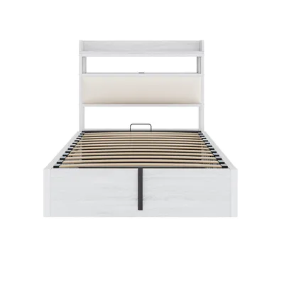 Produktbild von Flieks Jugendbett 90x200cm mit USB, Einzelbett Metallbett mit Stauraum, Hydraulisches Metallbett Klassisches Bett Stauraumbett, Weiß
