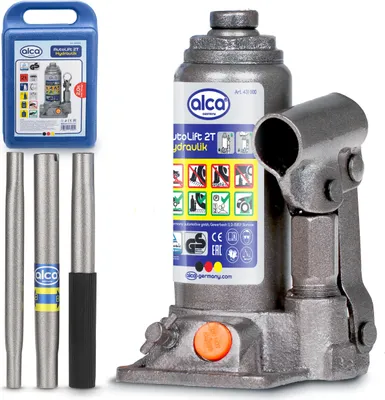 Produktbild von alca® Hydraulischer Unterstellheber 2t im Koffer – Hubhöhe 158–308 mm, Stempelwagenheber mit Verlängerungsschraube, & , nachfüllbar