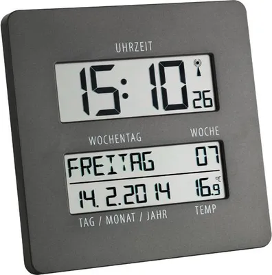 A digital clock displaying time, date, day of the week, and temperature.