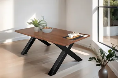 Produktbild von Esstisch Baumkante Akazie massiv Nussbaum 200 x 100 cm X-Gestell schwarz TOMASO