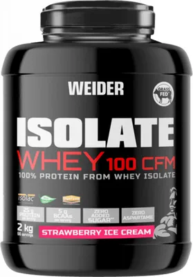 A black tub of Weider Isolate Whey 100 CFM protein powder with strawberry ice cream flavor.