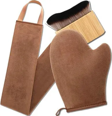 Produktbild von Selbstbräunungshandschuh-Set mit wasserdichtem Futter, doppelseitiger Selbstbräunerhandschuh-Applikator, Applikatorpinsel für Gesicht, Körper und Rücken