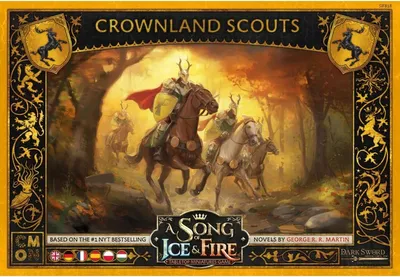 The image is the box art for a board game expansion titled "Crownland Scouts" from the "A Song of Ice & Fire" series. It depicts several mounted scouts in a forest setting.
