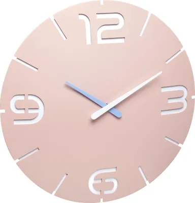 A close-up view of a modern wall clock with a pink face and white cut-out numbers.