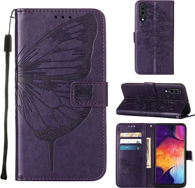 Produktbild von Galaxy A50S Hülle, Schmetterling Prägung Flip Leder Kartenfächer Schutzhülle Ledertasche mit Ständer für Samsung Galaxy A50 / A30S / A50S Lila