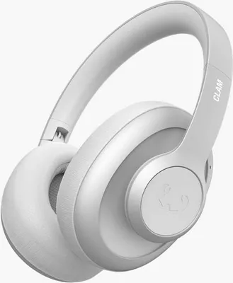 A studio shot of a pair of light gray wireless headphones.