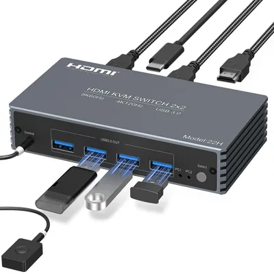 Zdjęcie produktu dla Przełącznik KVM HDMI 8K, 60 Hz, obsługujący 2 komputery i 2 monitory