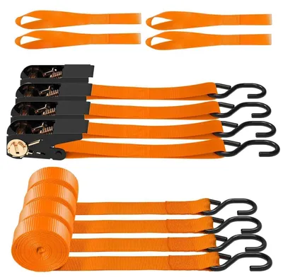 Produktbild von 4er Set Ratsche Spanngurte 680 kg Bruchfestigkeit 4,5 m Orange mit S-Haken & Schlaufen