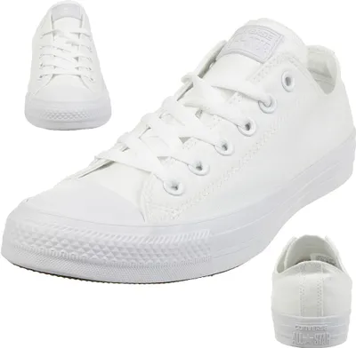 Multiple views of a white Converse Chuck Taylor sneaker.