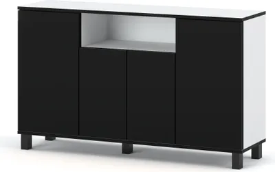 Obrázek produktu pro STIV Möbel | Komoda 140x35x80 cm Bílý Mat / Černý Mat | 4 dvířka | 9 polic | Moderní styl do ložnice a obýváku
