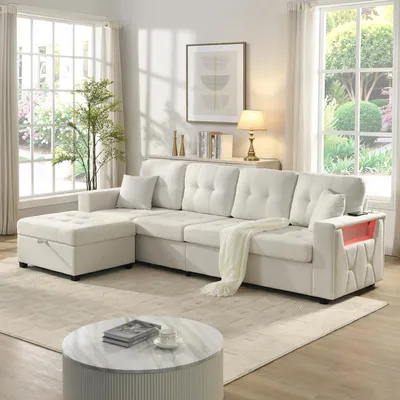 Produktbild von STILVORA L-Sofa mit frei positionierbarem Aufbewahrungshocker, Ecksofa mit Stauraum im Hocker und Armlehnenaufbewahrung, Modulares Sofa mit Ladeanschlüssen und LED-Beleuchtung