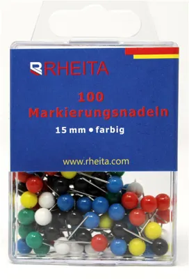 Produktbild von Markierungsnadeln 15 mm, farblich sortiert, 100 Stück in Klarsichtbox