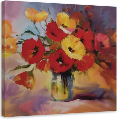 Image de Tableau sur toile bouquet de coquelicots dans un vase 60x60 cm Feeby couleur tableau mural prêt à accrocher