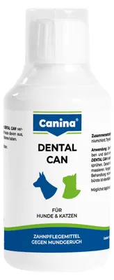 Produktbild von Canina Dental Can, Mundpflegegel für Haustiere, Hund, Salbei, Flasche, 250 ml, Kamillenextrakt, Pfefferminzöl, Benzalkoniumchlorid, Thymol, Salbeitinktur