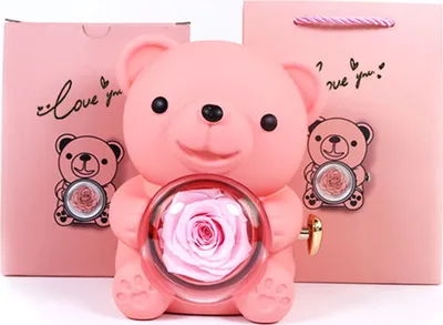 Produktbild von Geschenkbox mit konservierter Rose, Hug Bear, mit Handtasche, ewige Blume, rotierender Bär, Schmuckhalter für Frauen, Valentinstag, Jahrestag