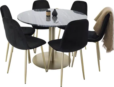 Image de EstelleØ106BLBR ensemble table, table noir, marbre et 6 Polar chaises Velours noir, laitonReproduction.