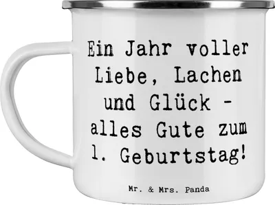Produktbild von Mr. & Mrs. Panda Pott Spruch 1. Geburtstag Liebe Lachen Glück - Weiß - Geschenk, Meilenstein, Kleinkind, Teetasse, Emaille Becher, erster, Alter, Tasse, und, Haferl