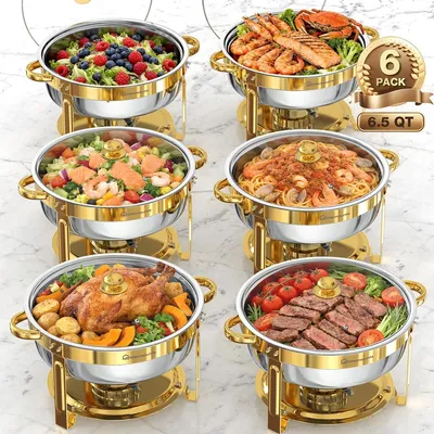 Produktbild von Buffetwärmer - Runder Chafing Dish Set - 6,5 qt Volumen - Edelstahl - 6er Pack - Für Catering & Events - Rot