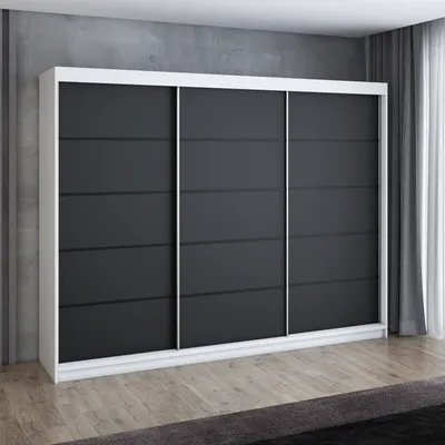 Produktbild von Schwebetürenschrank, 3-türig Schrank 200 cm mit 4 Schubladen, Retrostil Premium! Moderne Garderobe für Kleidung. Verschiedene Farben (Weiß, Schwarz, Somona) Kleiderschrank MES