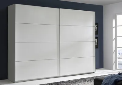 Image de Armoire à portes coulissantes, armoire à vêtements, 270 cm, blanc / blanc brillant, 2 portes