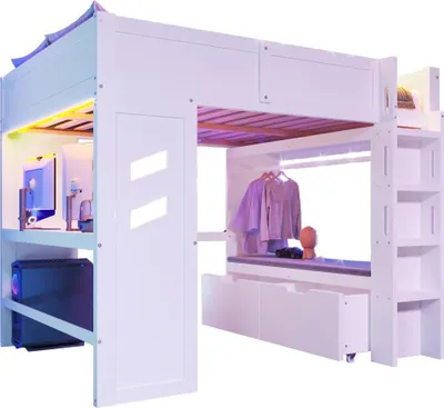 Produktbild von Gaming Hochbett mit Schreibtisch, LED-Beleuchtung, USB & Typ-C-Anschlüssen, integriertem Wäscheständer, Leiter & Schublade, Weiß, 140x200 cm