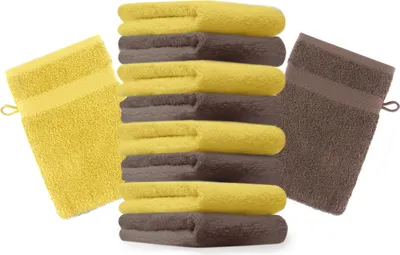 Produktbild von Betz 10 Stück Waschhandschuhe 16x21 cm PREMIUM 100% Baumwolle Farbe: gelb und nussbraun