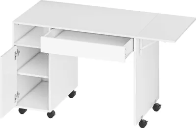 Produktbild von Rollbarer Computertisch, klappbarer Schreibtisch mit Schrank und Schublade, Spanplatte, Weiß