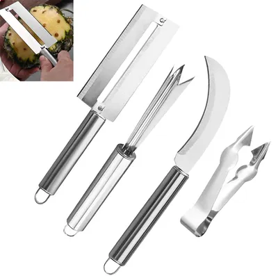 Produktbild von 4 Stück Ananasschneider Set aus Edelstahl mit Ananasmesser Zuckerrohrmesser Kernentferner und Ananasgabel
